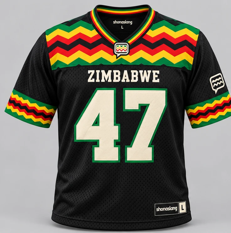 Black jersey, front: a chevron yoke in green, yellow, red and black, the shonaslang badge at the neck, ZIMBABWE and a cream 47